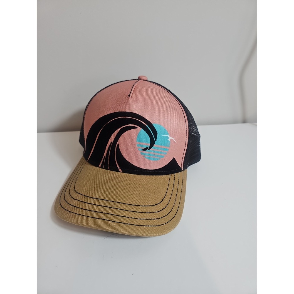 Pistil Aqua Wave Sun Seagull Trucker Hat Brown Brim Snapback Mesh One Size